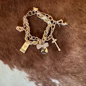 GUESS Rose Gold Crystal Bow & Heart Charm Link Bracelet